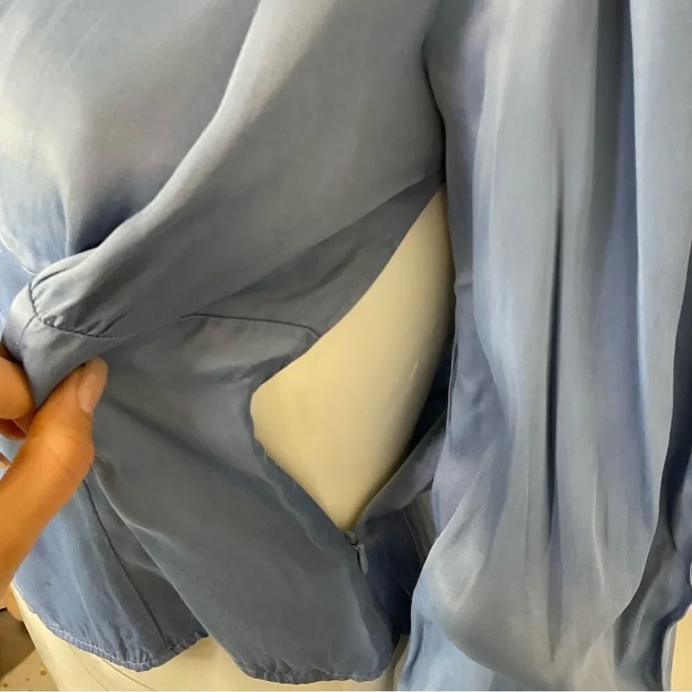 ZARA Purple/ Blue Silky Satin Long Puff Sleeves Button Front Crop Top M - Picture 5 of 10